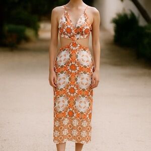 House of Harlow 1960 Orange and Cream Patterned Midi Dress
